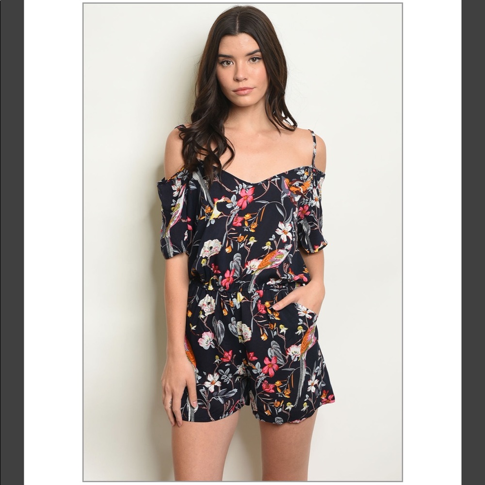 Very Chic Floral Navy Blue Romper Sz. S M L XL